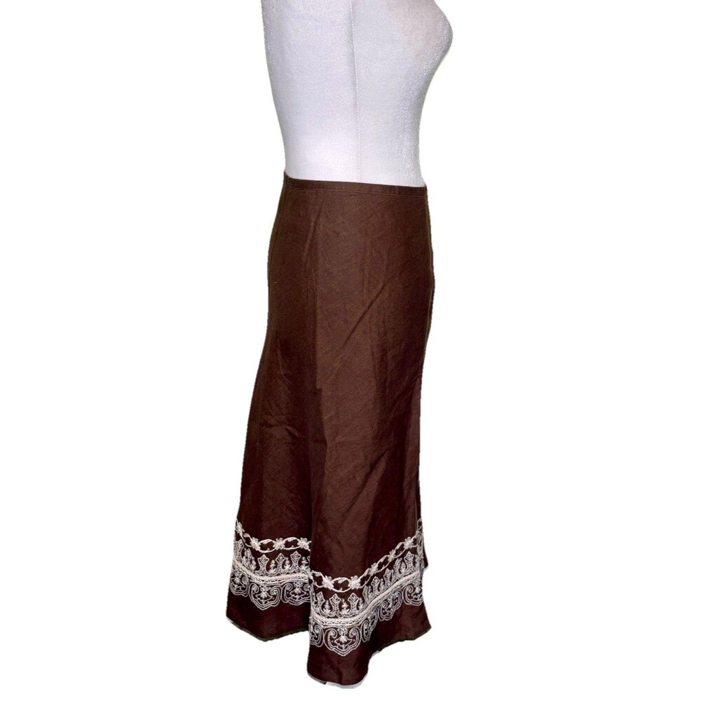 Women's Rustic Cottagecore Brown Linen Skirt Midi Length White Embroidery Hem 12 - Picture 4 of 5